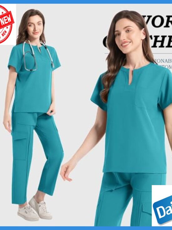 Large V-Neck Scrub Set Top & Pants Multi-Pocket Medical Uniform - Picture 2 of 7